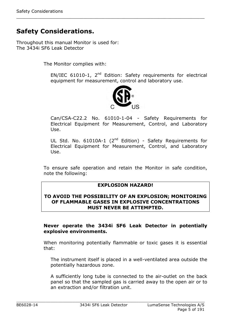 Safety considerations | LumaSense Technologies 3434i SF6 Leak Detector User Manual | Page 5 / 191