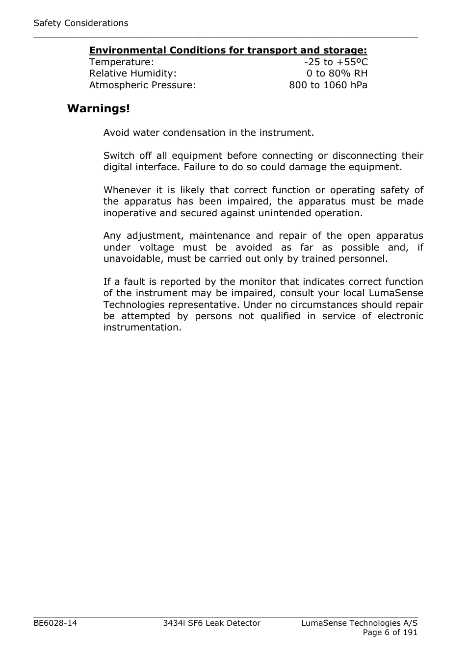 Warnings | LumaSense Technologies 3434i SF6 Leak Detector User Manual | Page 6 / 191