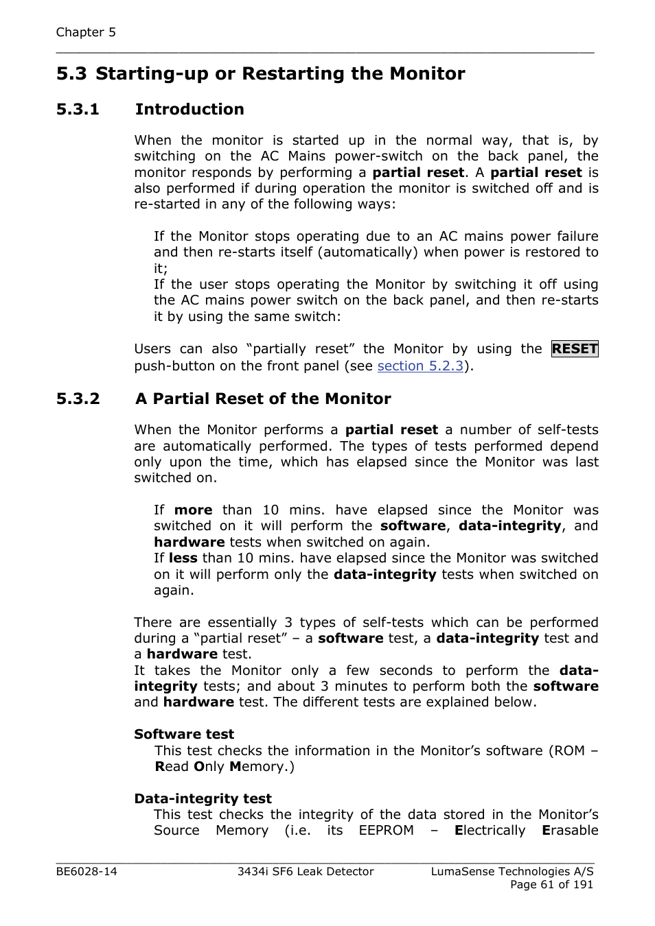 3 starting-up or restarting the monitor, 1 introduction, 2 a partial reset of the monitor | LumaSense Technologies 3434i SF6 Leak Detector User Manual | Page 61 / 191