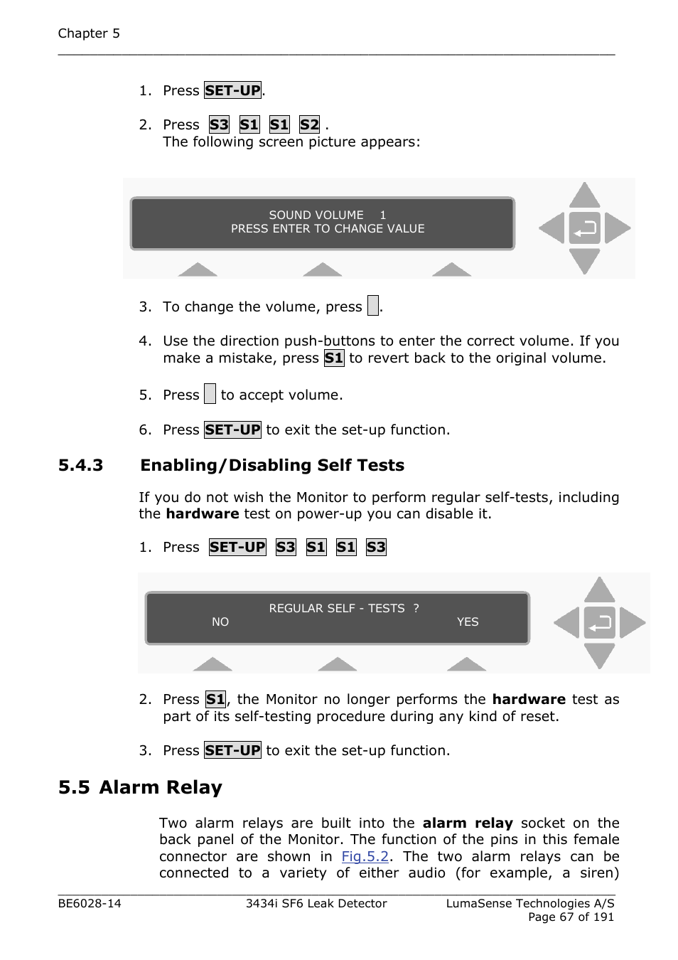3 enabling/disabling self tests, 5 alarm relay, Section 5.4.3 | LumaSense Technologies 3434i SF6 Leak Detector User Manual | Page 67 / 191