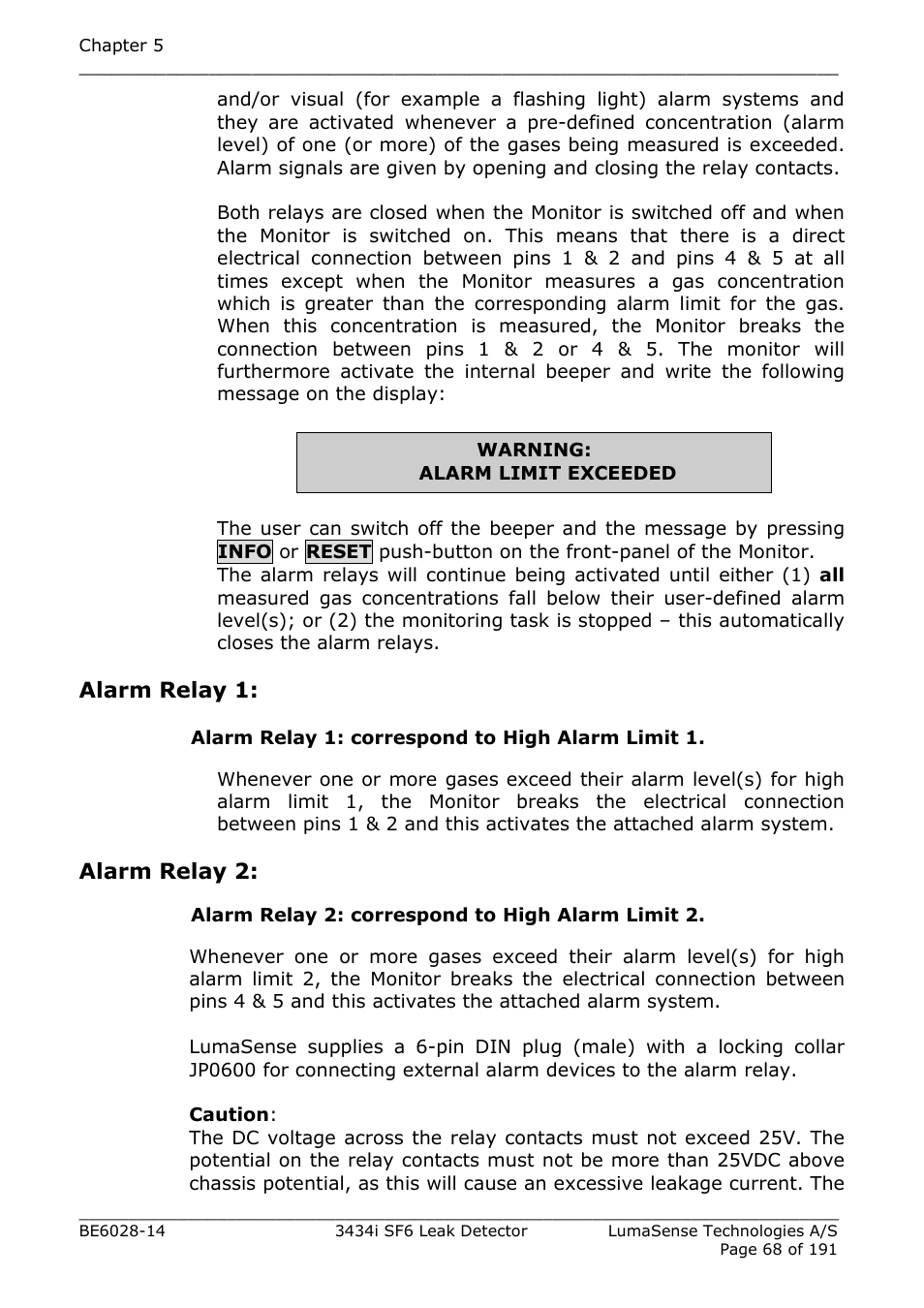 Alarm relay 1, Alarm relay 2 | LumaSense Technologies 3434i SF6 Leak Detector User Manual | Page 68 / 191