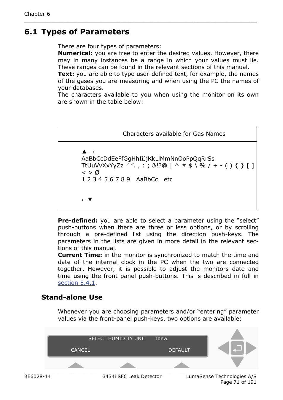 1 types of parameters, Stand-alone use | LumaSense Technologies 3434i SF6 Leak Detector User Manual | Page 71 / 191