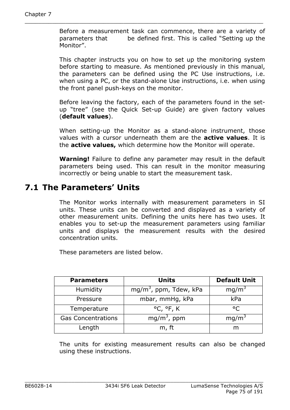 1 the parameters’ units | LumaSense Technologies 3434i SF6 Leak Detector User Manual | Page 75 / 191