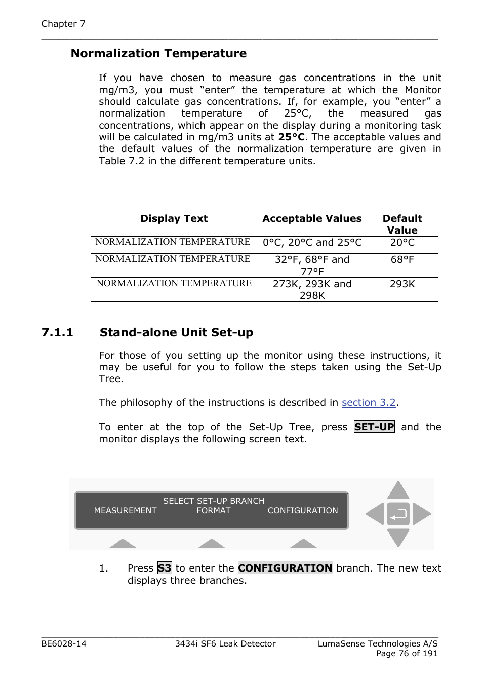 1 stand-alone unit set-up, Normalization temperature | LumaSense Technologies 3434i SF6 Leak Detector User Manual | Page 76 / 191