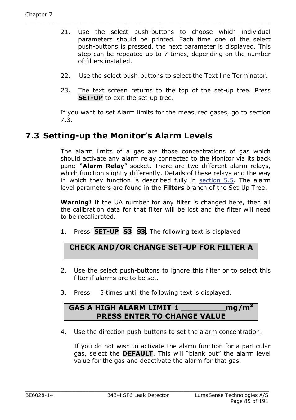 3 setting-up the monitor’s alarm levels | LumaSense Technologies 3434i SF6 Leak Detector User Manual | Page 85 / 191