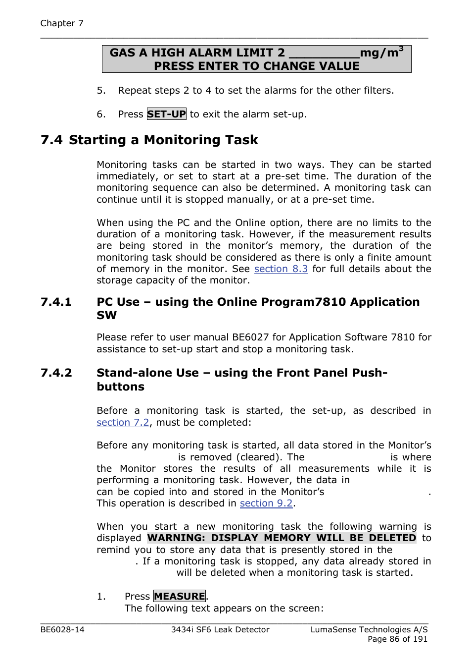 4 starting a monitoring task | LumaSense Technologies 3434i SF6 Leak Detector User Manual | Page 86 / 191