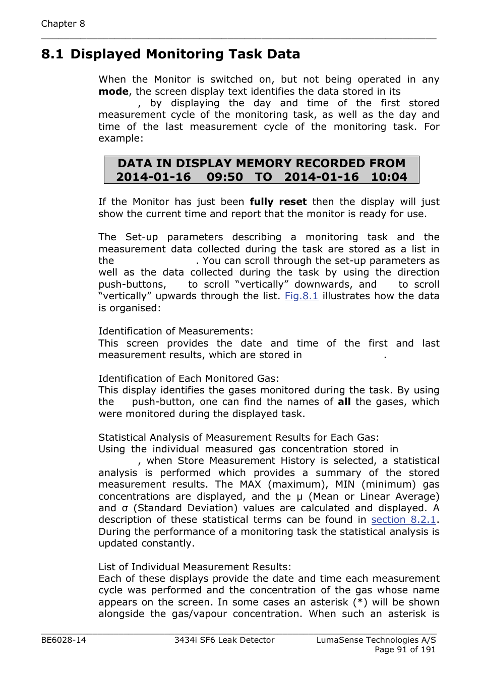 1 displayed monitoring task data, Section 8.1 | LumaSense Technologies 3434i SF6 Leak Detector User Manual | Page 91 / 191
