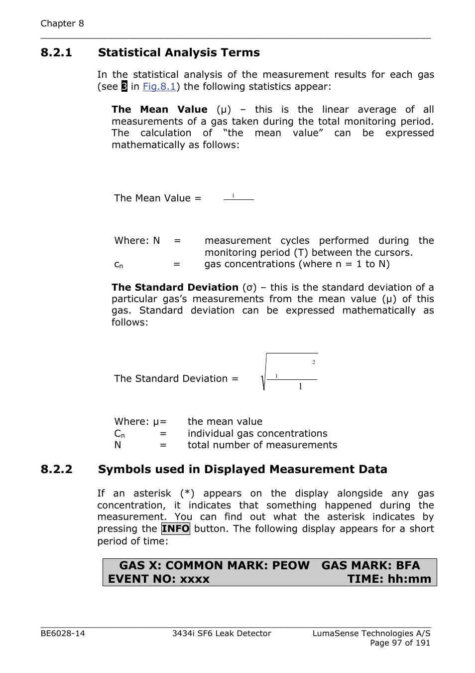 1 statistical analysis terms, 2 symbols used in displayed measurement data, Section | Section 8.2.2, Section 8.2.1 | LumaSense Technologies 3434i SF6 Leak Detector User Manual | Page 97 / 191