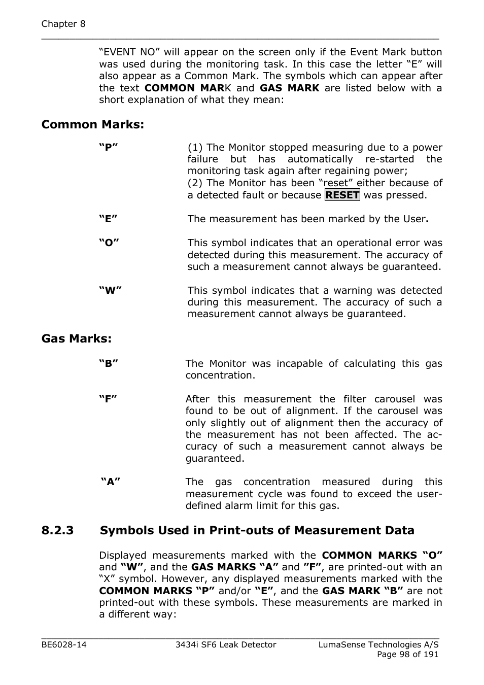 3 symbols used in print-outs of measurement data, Section 8.2.3 | LumaSense Technologies 3434i SF6 Leak Detector User Manual | Page 98 / 191
