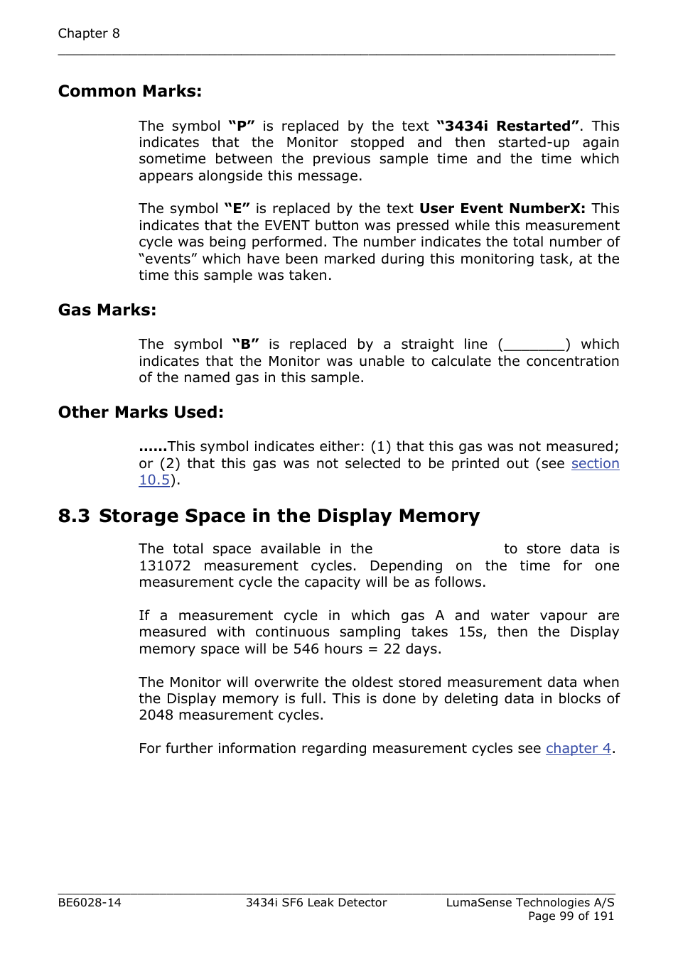 3 storage space in the display memory, Section 8.3 | LumaSense Technologies 3434i SF6 Leak Detector User Manual | Page 99 / 191