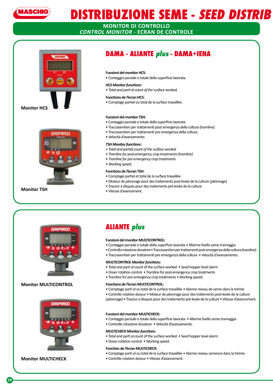 Seed distrib ution, Distribuzione seme, Distribution des graines | Dama - aliante plus - dama+iena, Aliante plus | Maschio Gaspardo FURIA-COMBI User Manual | Page 28 / 36