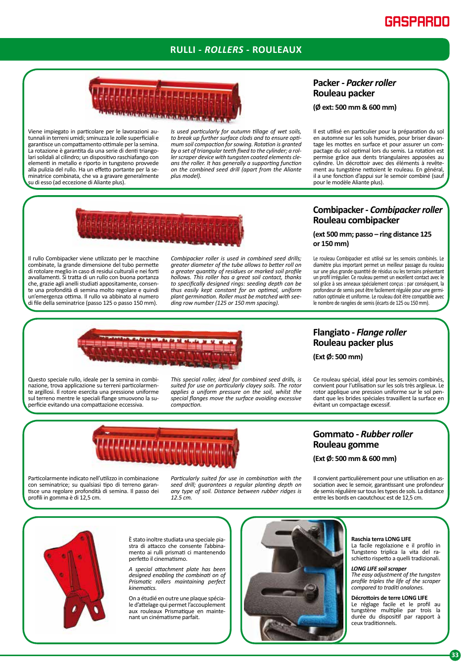 Rulli - rollers - rouleaux, Packer - packer roller rouleau packer, Flangiato - flange roller rouleau packer plus | Gommato - rubber roller rouleau gomme | Maschio Gaspardo FURIA-COMBI User Manual | Page 33 / 36