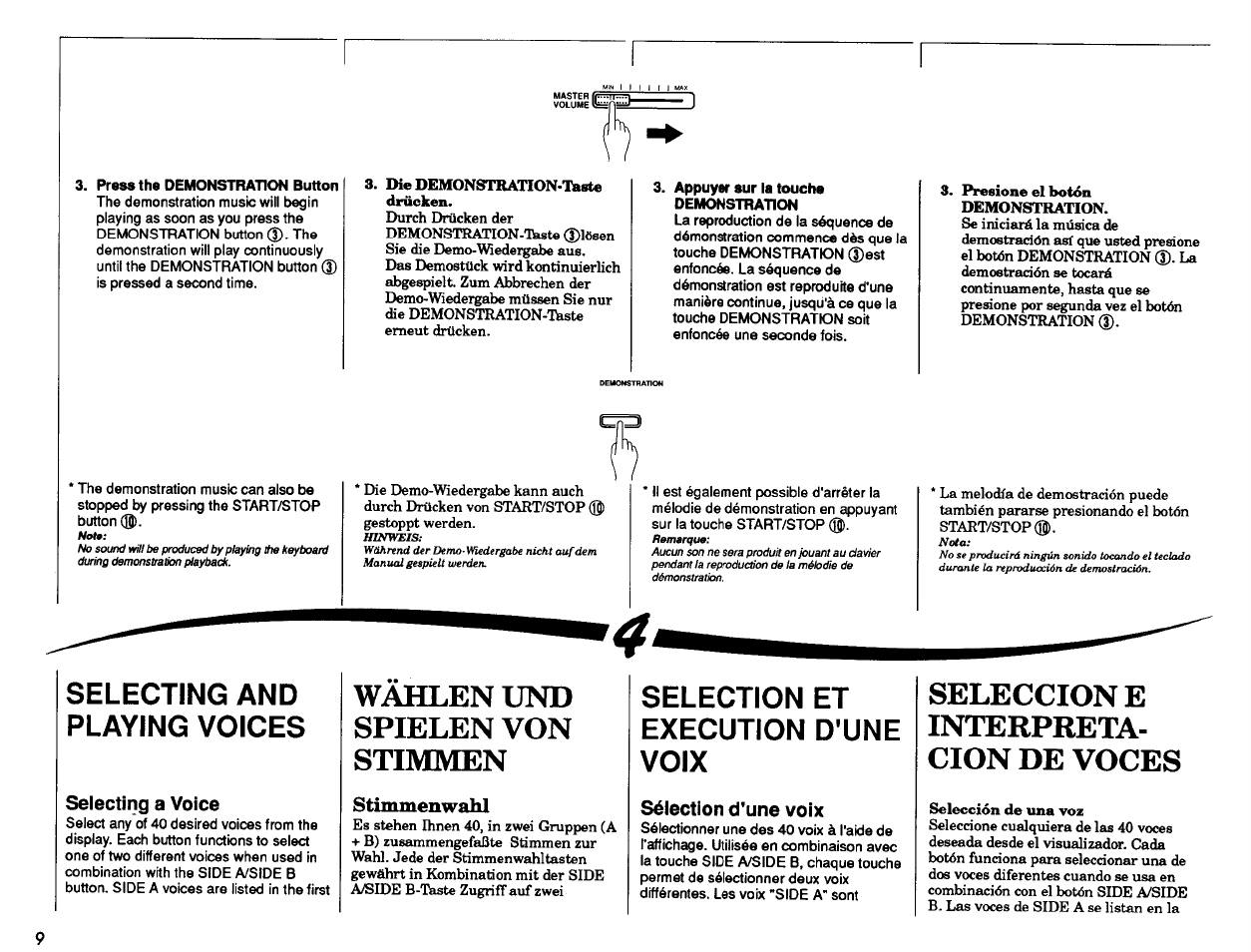 Press the demonstration button, Diedemonstration-l^ste drücken, Appuyer sur la touche demonstration | Presione el botón demonstration, Selecting a voice, Stimmenwahl, Sélection d'une voix, Selección de una voz, Selecting and playing voices, Wahlen und spielen von stimmen | Yamaha PSR-7 User Manual | Page 10 / 28