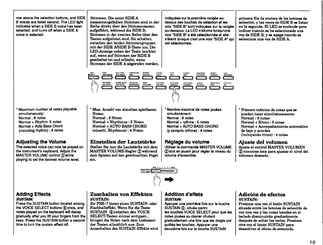 Adjusting the volume, Einstellen der lautstärke, Réglage du volume | Ajuste del volumen, Adding effects, Zuschalten von effekten, Addition d'effets, Adición de efectos, Einstellen der lautstärke zuschalten von effekten, Addition d’effets | Yamaha PSR-7 User Manual | Page 11 / 28