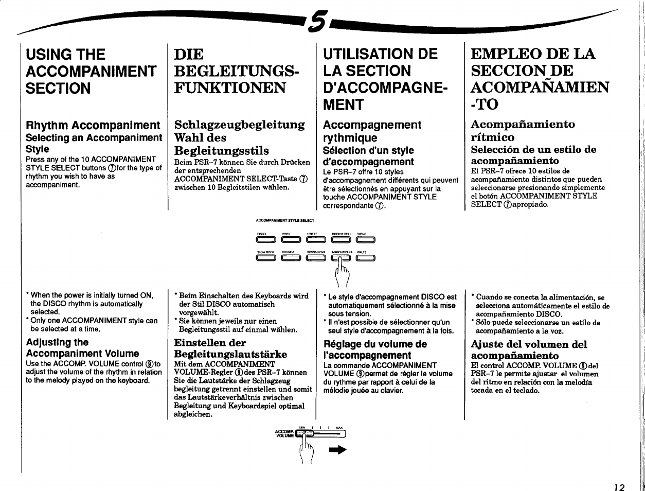 Einstellen der begleitungslautstärke, Selección de un estilo de acompañamiento, Ajuste del volumen del acompañamiento | Die begleitungs­ funktionen, Empleo de la seccion de acompañamien -to, Schlagzeugbegleitung wahl des begleitungsstils, Acompañamiento rítmico | Yamaha PSR-7 User Manual | Page 13 / 28