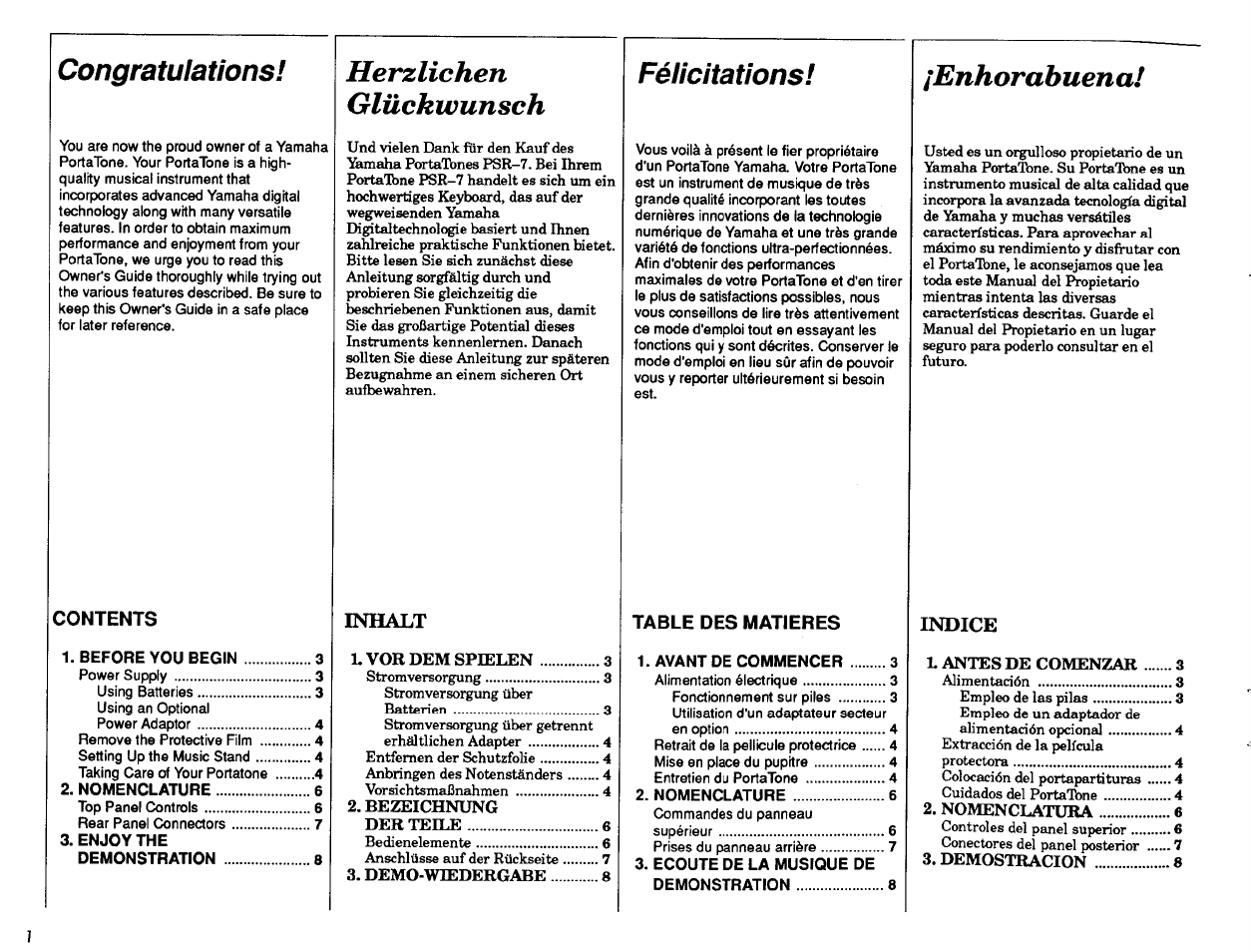 Enhorabuena, Herzlichen glückwunsch, Félicitations | Yamaha PSR-7 User Manual | Page 2 / 28