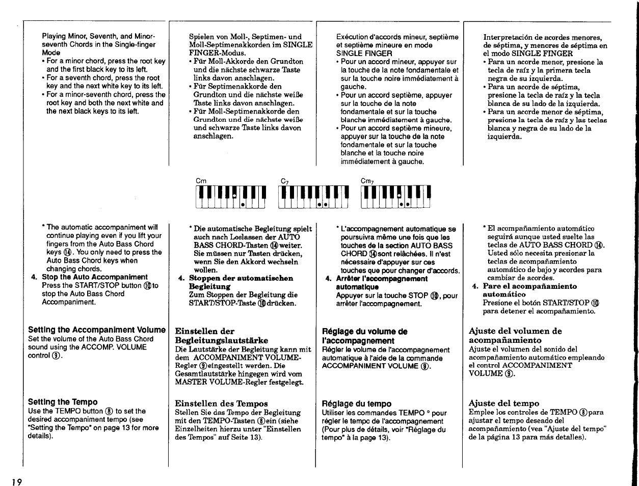 Stop the auto accompaniment, Stoppen der automatischen begleitung, Arrêter raccompagnement automatique | Pare el acompañamiento automático | Yamaha PSR-7 User Manual | Page 20 / 28