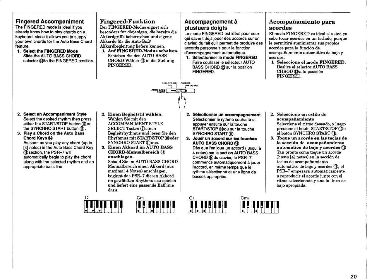 Fingered accompaniment, Select the fingered mode, Fingered-funktion | Accompagnement à piusiuers doigts, Acompañamiento para acordes, Select an accompaniment style, Play a chord on the auto bass chord keys (g), Sélectionner un accompagnement, Jouer un accord sur les touches auto bass chord, Acompañamiento rítmico | Yamaha PSR-7 User Manual | Page 21 / 28