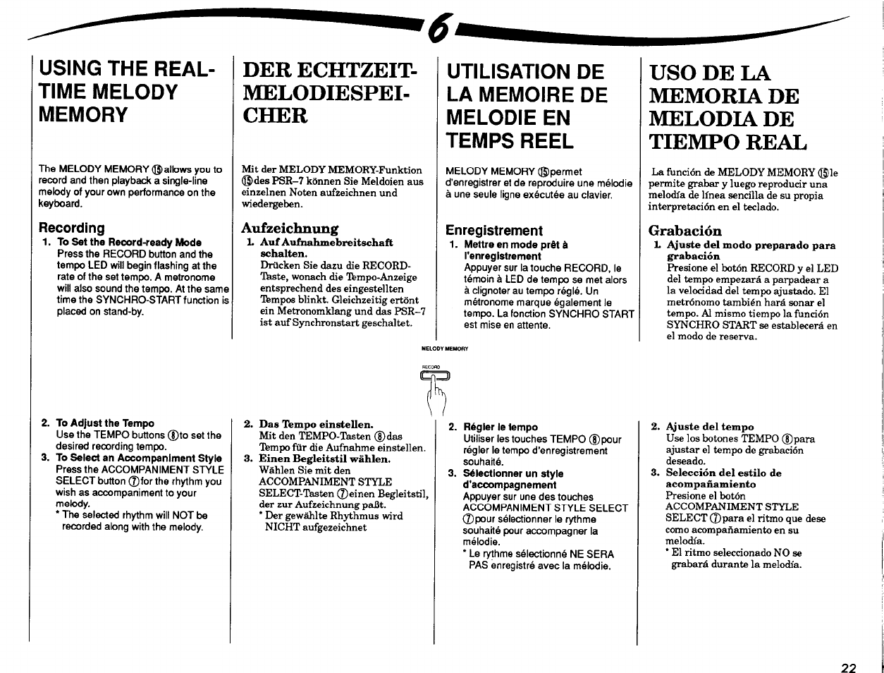 Recording, To set the record-ready mode, Aufzeichnung | Enregistrement, Grabación, To adjust the tempo, Régler le tempo, Sélectionner un style d'accompagnement, Der echtzeit- melodiespei- cher | Yamaha PSR-7 User Manual | Page 23 / 28