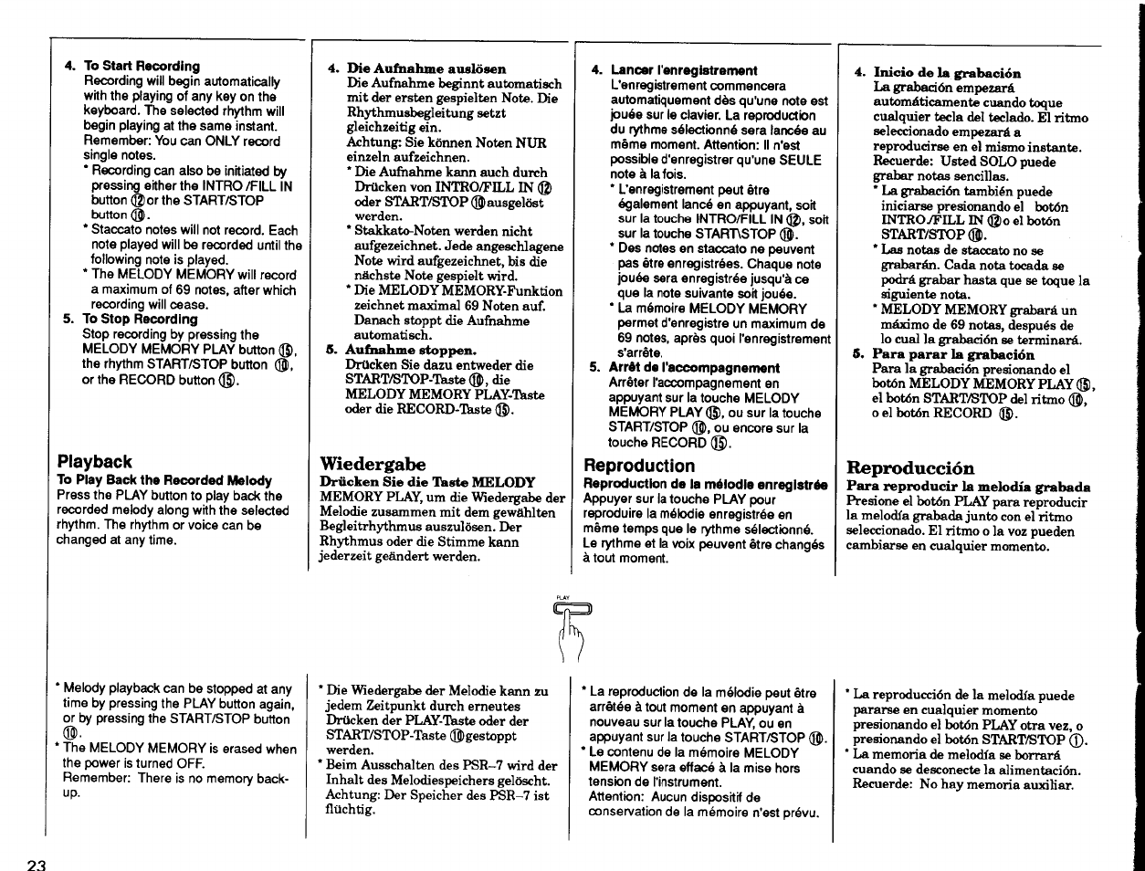 To start recording, To stop recording, Playback | To play back the recorded melody, Die aufoahme auslosen, Aufiiahme stoppen, Wiedergabe, Lancer l'enregistrement, Arrêt de raccompagnement, Reproduction | Yamaha PSR-7 User Manual | Page 24 / 28