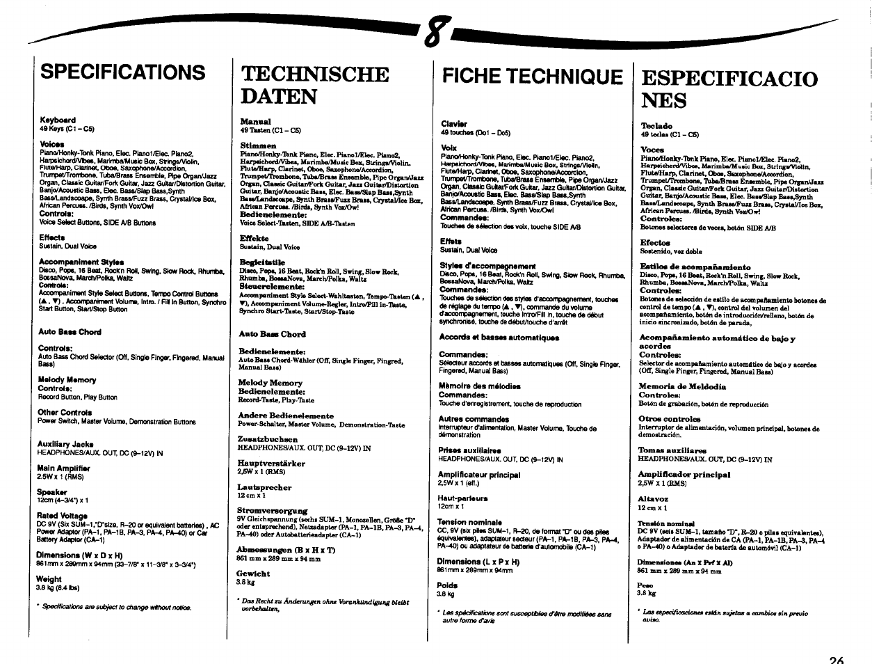 Especificacio, Especificaciones, Specifications technische daten fiche technique | Especificacio nes | Yamaha PSR-7 User Manual | Page 27 / 28