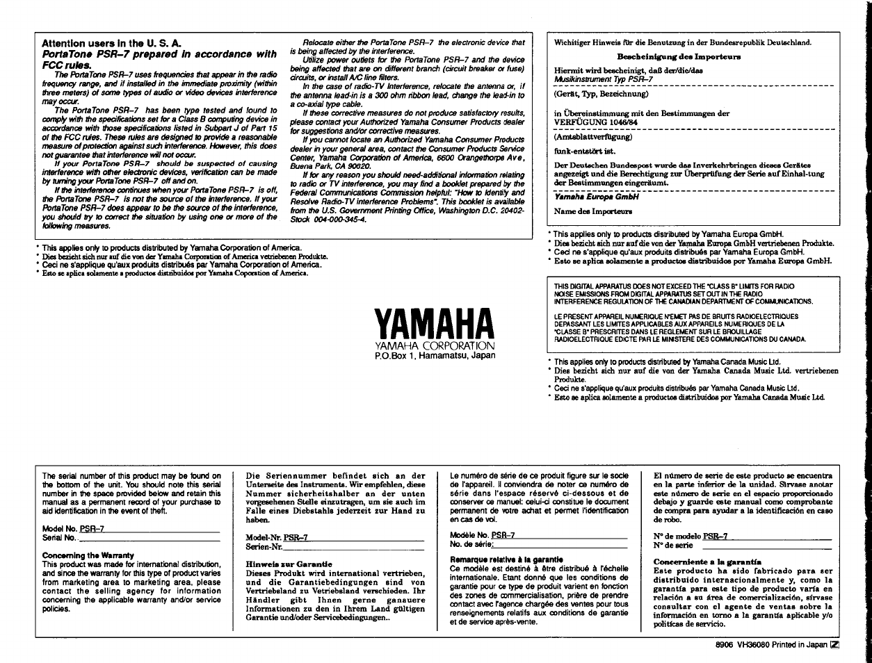Attention users in the u. s. a, Yamaha | Yamaha PSR-7 User Manual | Page 28 / 28
