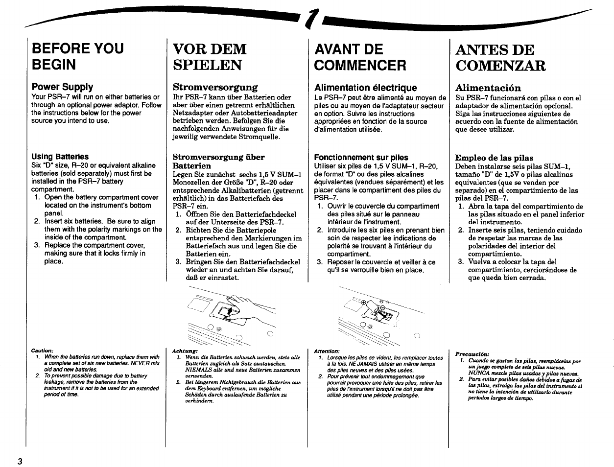 Before you begin, Power supply, Using batteries | Vor dem spielen, Stromversorgung, Stromversorgung über batterien, Avant de commencer, Alimentation électrique, Fonctionnement sur piles, Antes de comenzar | Yamaha PSR-7 User Manual | Page 4 / 28