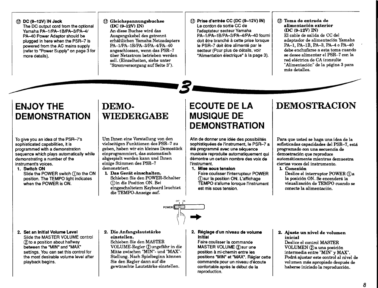 Enjoy the demonstration, Demo, Wiedergabe | Ecoute de la musique de demonstration, Demo­ wiedergabe, Demostracion | Yamaha PSR-7 User Manual | Page 9 / 28