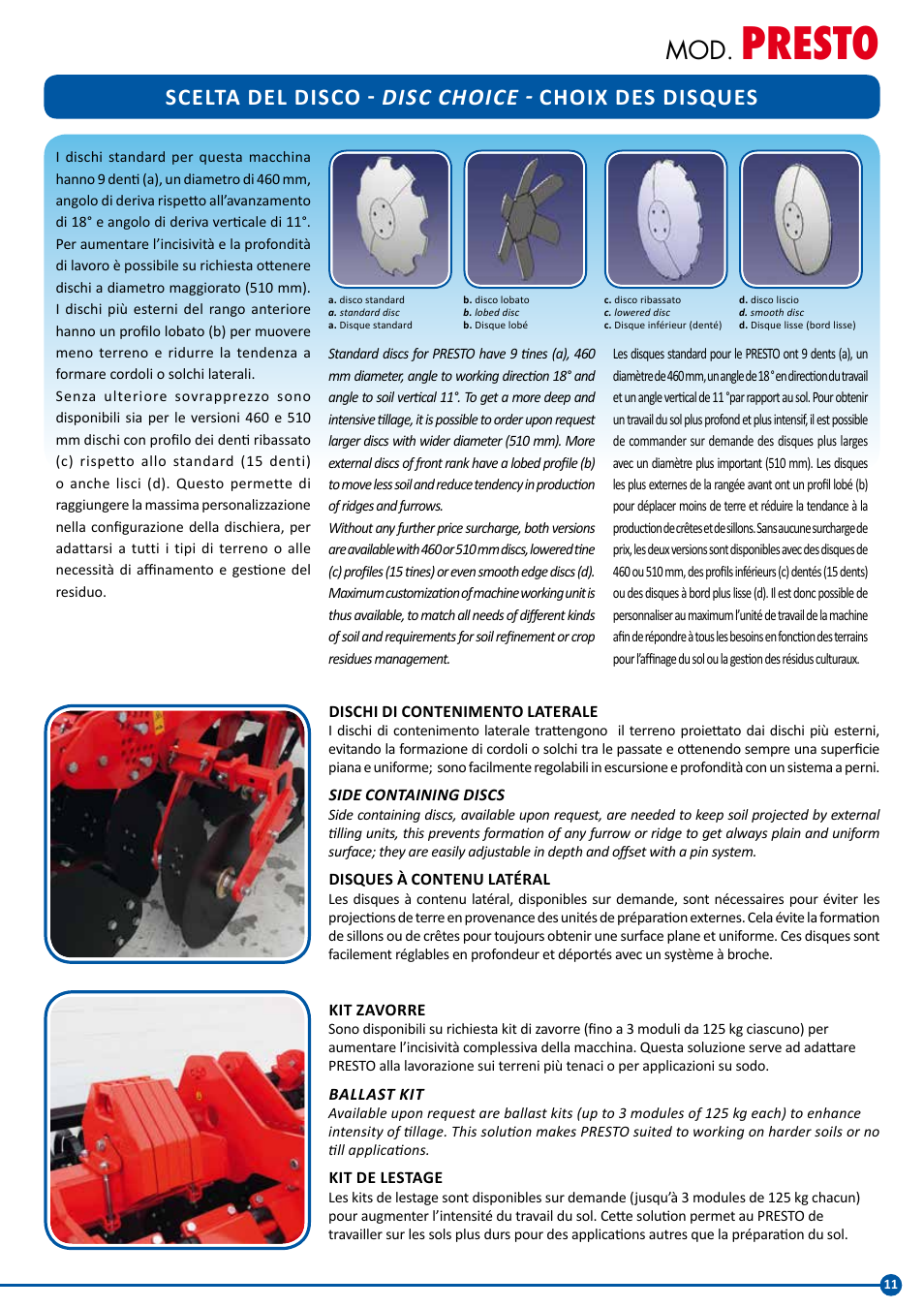 Presto, Scelta del disco - disc choice - choix des disques | Maschio Gaspardo PRESTO UFO User Manual | Page 11 / 20