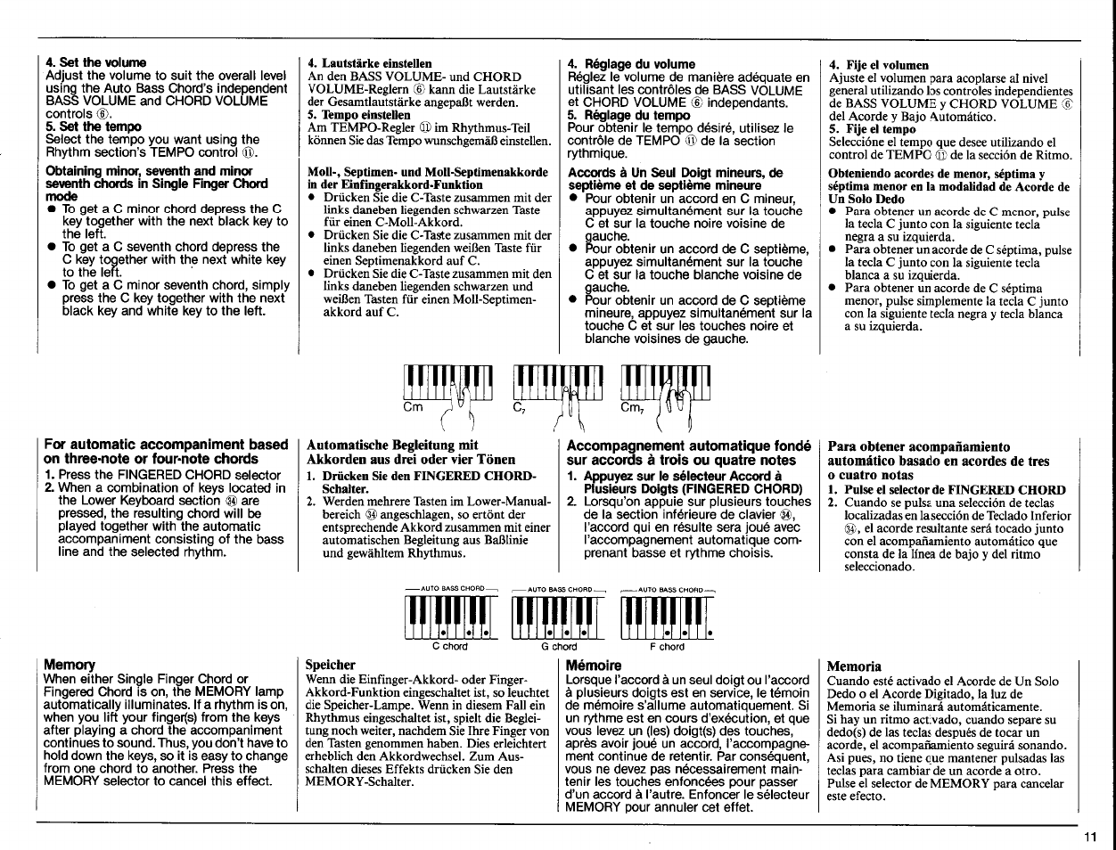 Set the volume, Set the tempo, Réglage du volume | Réglage du tempo, Memory, Mémoire | Yamaha PSR-70 User Manual | Page 13 / 36