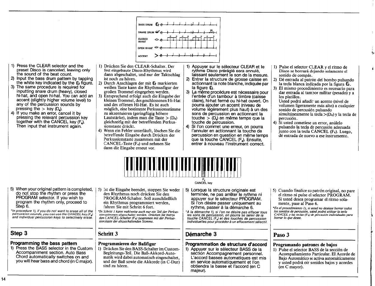 Step 3, Démarche 3 paso 3, Schritt 3 | Programming the bass pattern, Programmation de structure d’accord | Yamaha PSR-70 User Manual | Page 16 / 36