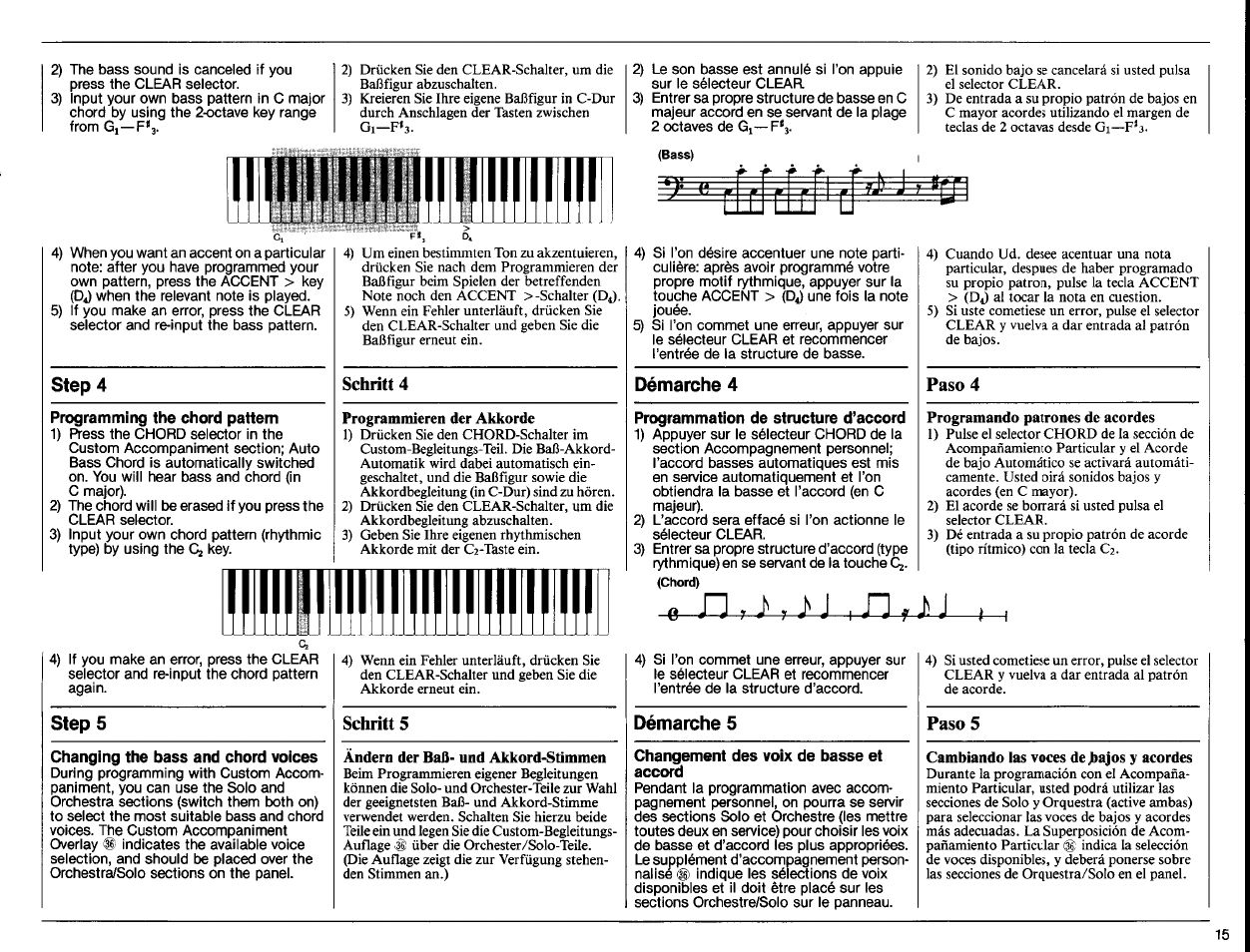Programming the chord pattern, Schritt 4, Programmation de structure d’accord | Paso 4, Step 4, Démarche 4, Step 5, Démarche 5 | Yamaha PSR-70 User Manual | Page 17 / 36