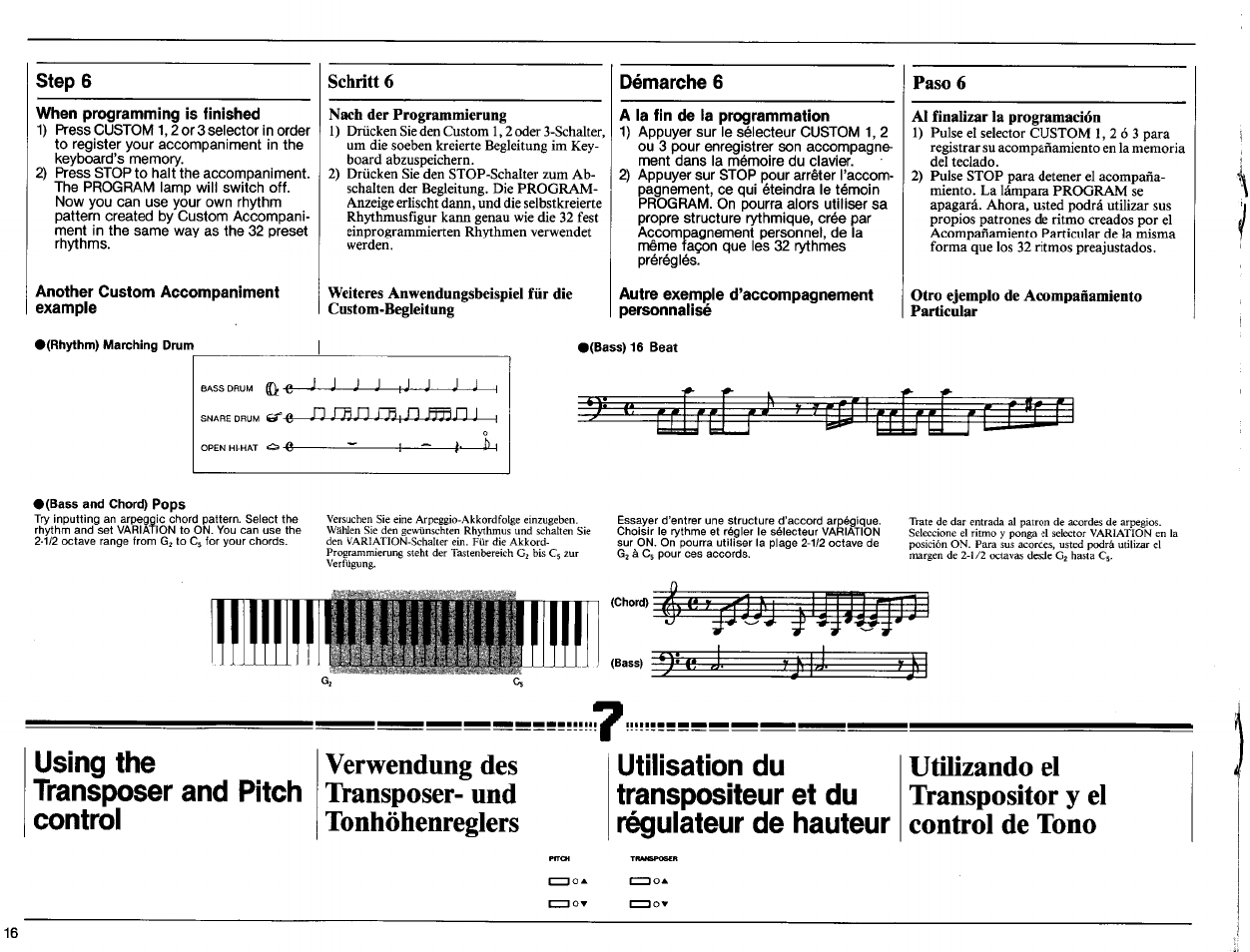 When programming is finished, Another custom accompaniment example, Nach der programmierung | A la fin de la programmation, Autre exemple d’accompagnement, Personnalisé, Al finalizar la programación, Otro ejemplo de acompañamiento particular, Using the, Transposer and pitch control | Yamaha PSR-70 User Manual | Page 18 / 36