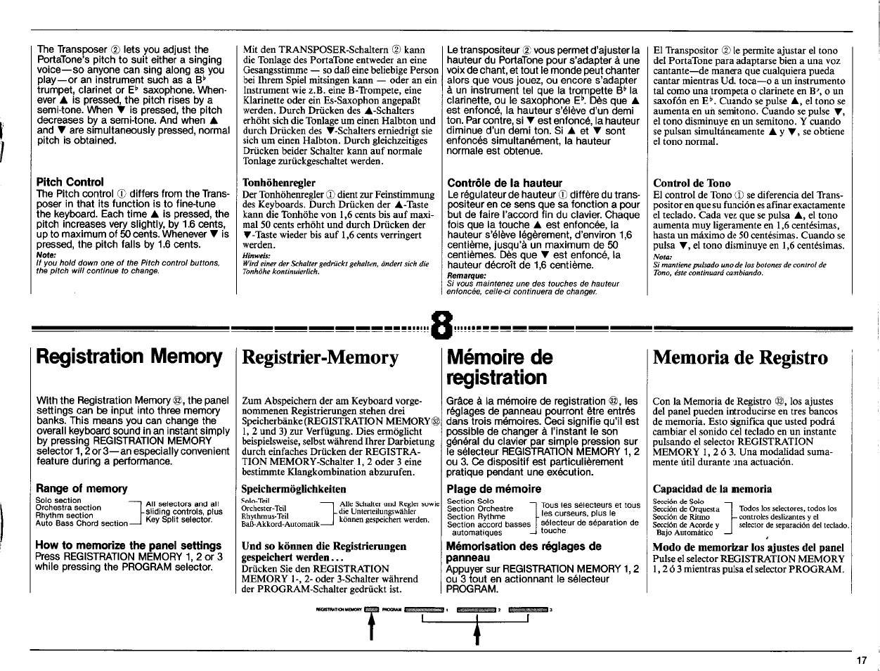 Pitch control, Tonhöhenregler, Contrôle de la hauteur | Control de tono, Registration memory, Range of memory, How to memorize the panel settings, Registrier-memory, Speichermöglichkeiten, Mémoire de registration | Yamaha PSR-70 User Manual | Page 19 / 36