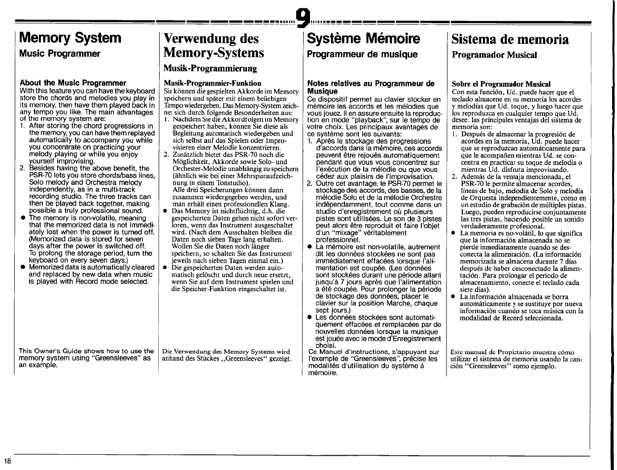 Memory system, About the music programmer, Verwendung des memory-systems | Musik-programmierung, Musik-programmier-funktion, Système mémoire, Notes relatives au programmeur de musique, Sistema de memoria, Programador musical, Sobre el programador musical | Yamaha PSR-70 User Manual | Page 20 / 36