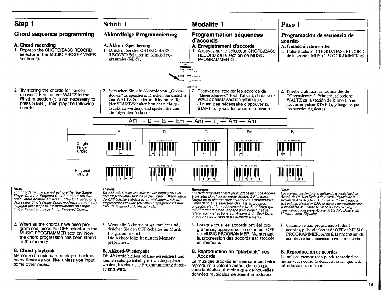 Step 1, A. chord recording, Akkordfolge-programmierung | A. akkord-speicherung, Modalité 1, A. enregistrement d’accords, Programación de secuencia de acordes, A. grabación de acordes, B. chord playback, B. akkord-wiedergabe | Yamaha PSR-70 User Manual | Page 21 / 36
