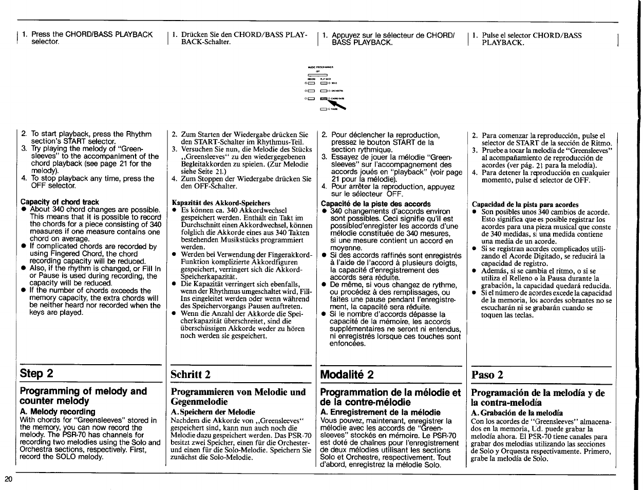 Capacity of chord track, Step 2, A. melody recording | A. enregistrement de la mélodie, Schritt 2, Paso 2, Programming of melody and counter melody | Yamaha PSR-70 User Manual | Page 22 / 36