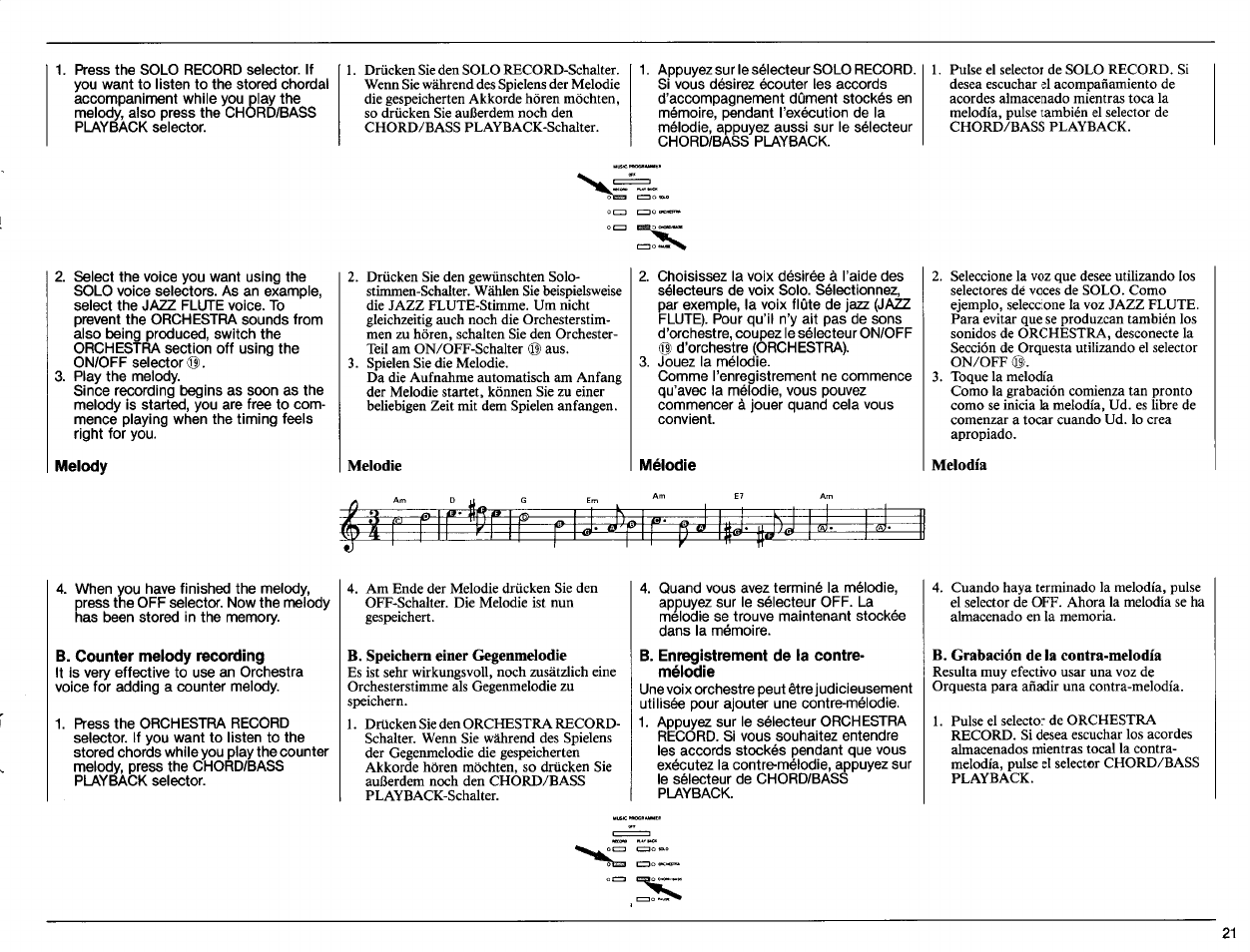 B. counter melody recording, B. speichern einer gegenmelodie, B. enregistrement de la contre- mélodie | B. grabación de la contra-melodía | Yamaha PSR-70 User Manual | Page 23 / 36