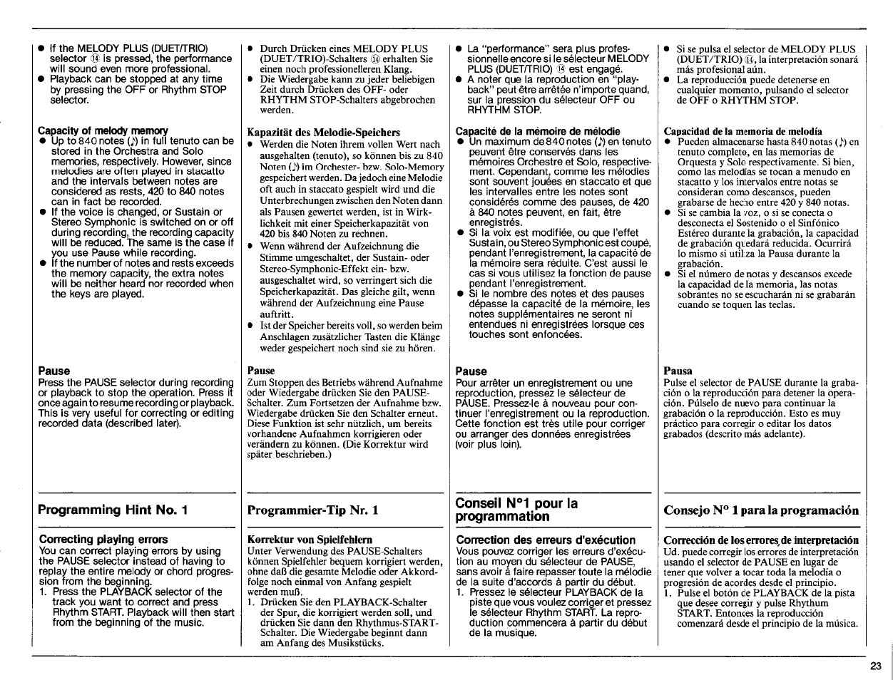 Capacity of melody memory, Pause, Correcting playing errors | Kapazität des melodie-speichers, Programmier-tip nr, 1, Korrektur von sptelfehlem, Capacité de la mémoire de mélodie, Correction des erreurs d’exécution, Pausa, Consejo № 1 para la programación | Yamaha PSR-70 User Manual | Page 25 / 36