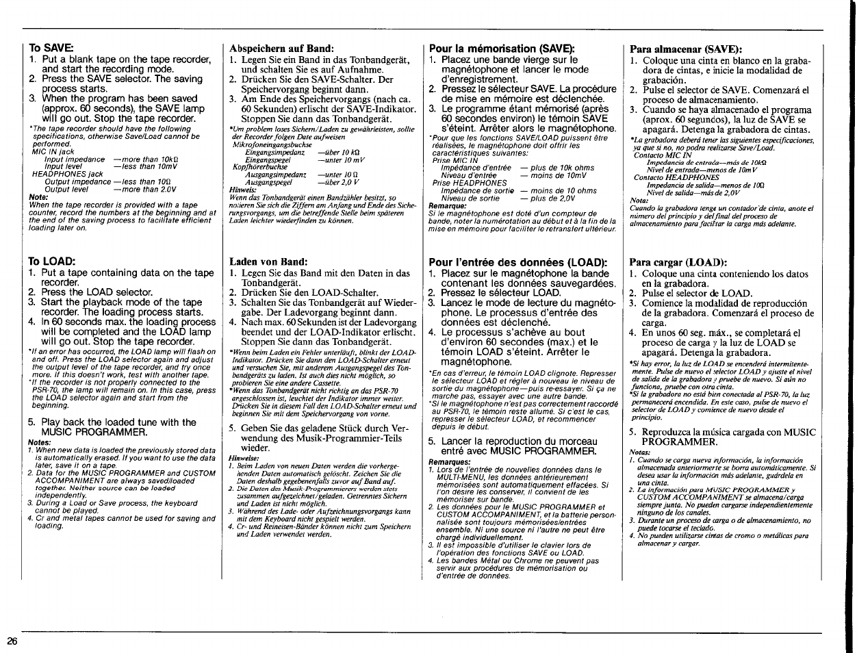 To save, To load, Abspeichern auf band | Laden von band, Pour la mémorisation (save), Pour l’entrée des données (load), Рага almacenar (save), Para cargar (load) | Yamaha PSR-70 User Manual | Page 28 / 36