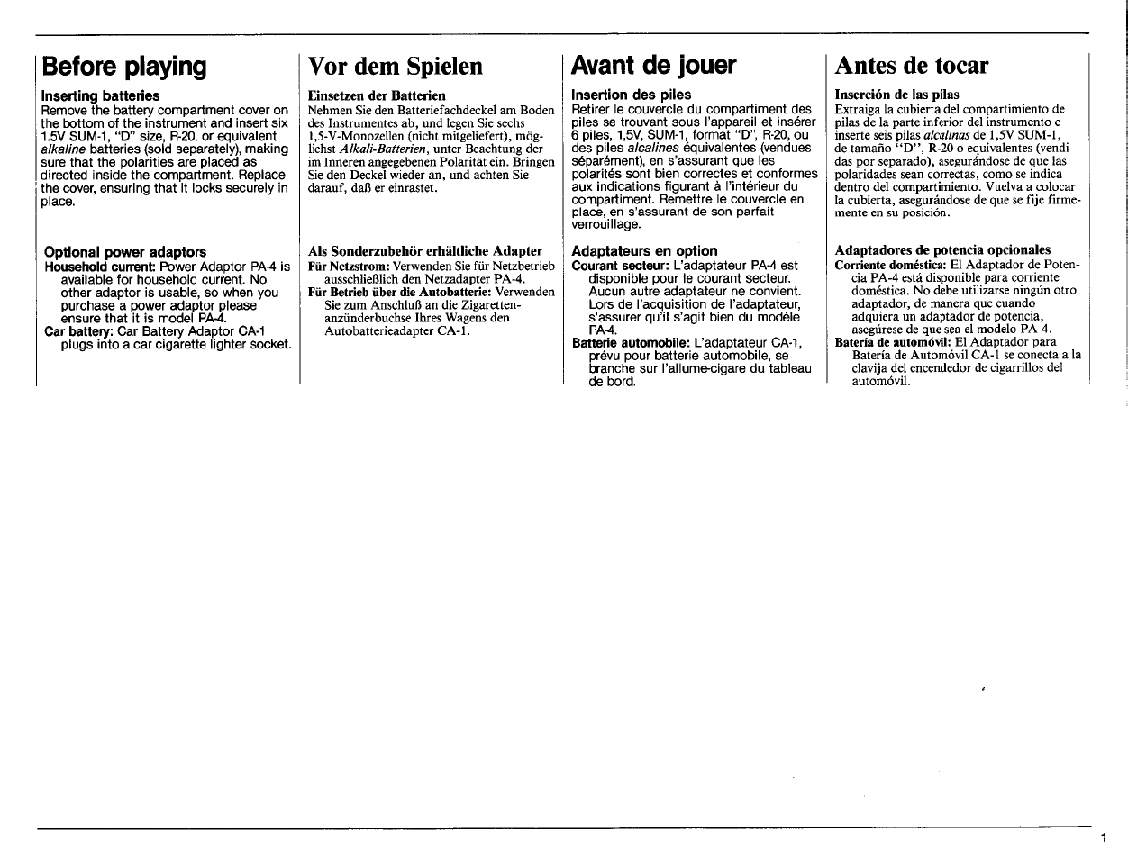 Before playing, Inserting batteries, Vor dem spielen | Einsetzen der batterien, Als sonderzubehör erhältliche adapter, Avant de jouer, Insertion des piles, Antes de tocar | Yamaha PSR-70 User Manual | Page 3 / 36