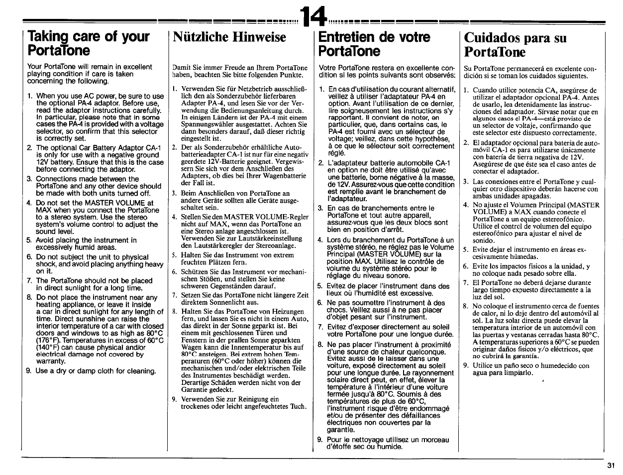 Taking care of your portatone, Nützliche hinweise, Entretien de votre portatone | Cuidados para su portatone | Yamaha PSR-70 User Manual | Page 33 / 36