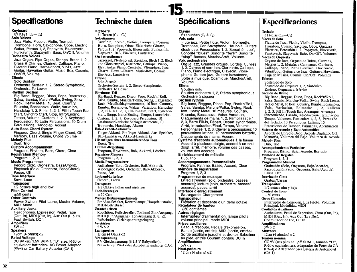 Specifications, Technische daten, Spécifications | Especificaciones | Yamaha PSR-70 User Manual | Page 34 / 36