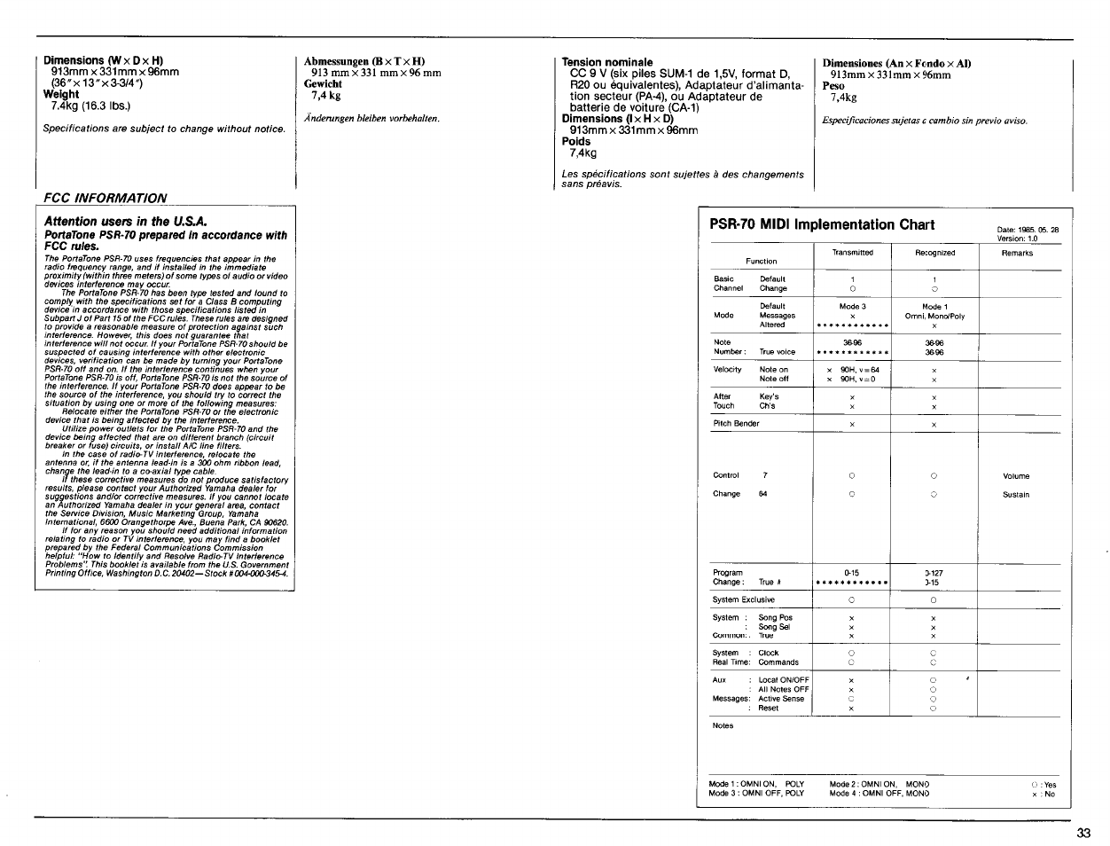 Users, Psr-70 midi implementation chart | Yamaha PSR-70 User Manual | Page 35 / 36