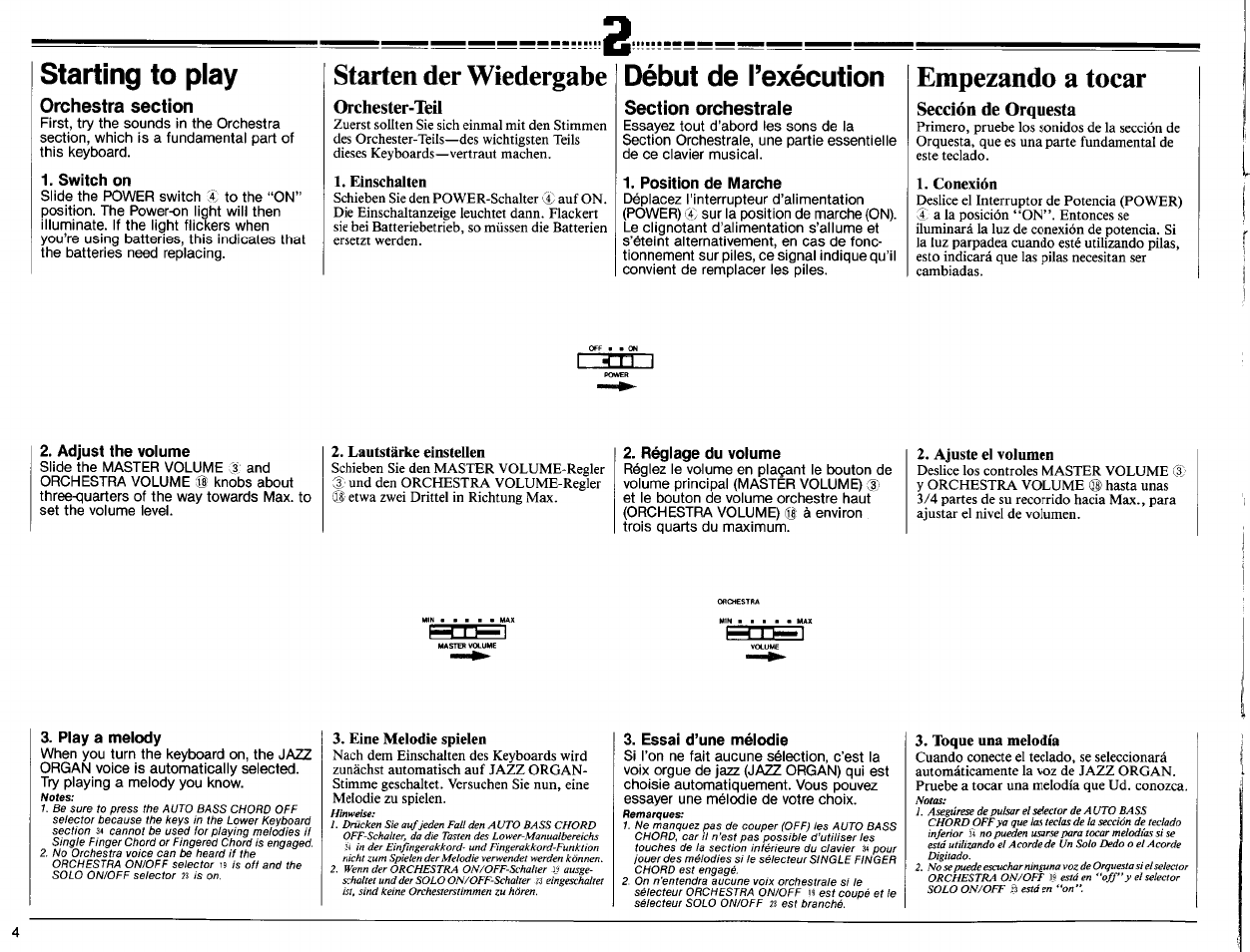 Starting to play, Switch on, Starten der wiedergabe | Orchester-teil, Einschalten, Début de l’exécution, Position de marche, Empezando a tocar, Sección de orquesta, Conexión | Yamaha PSR-70 User Manual | Page 6 / 36