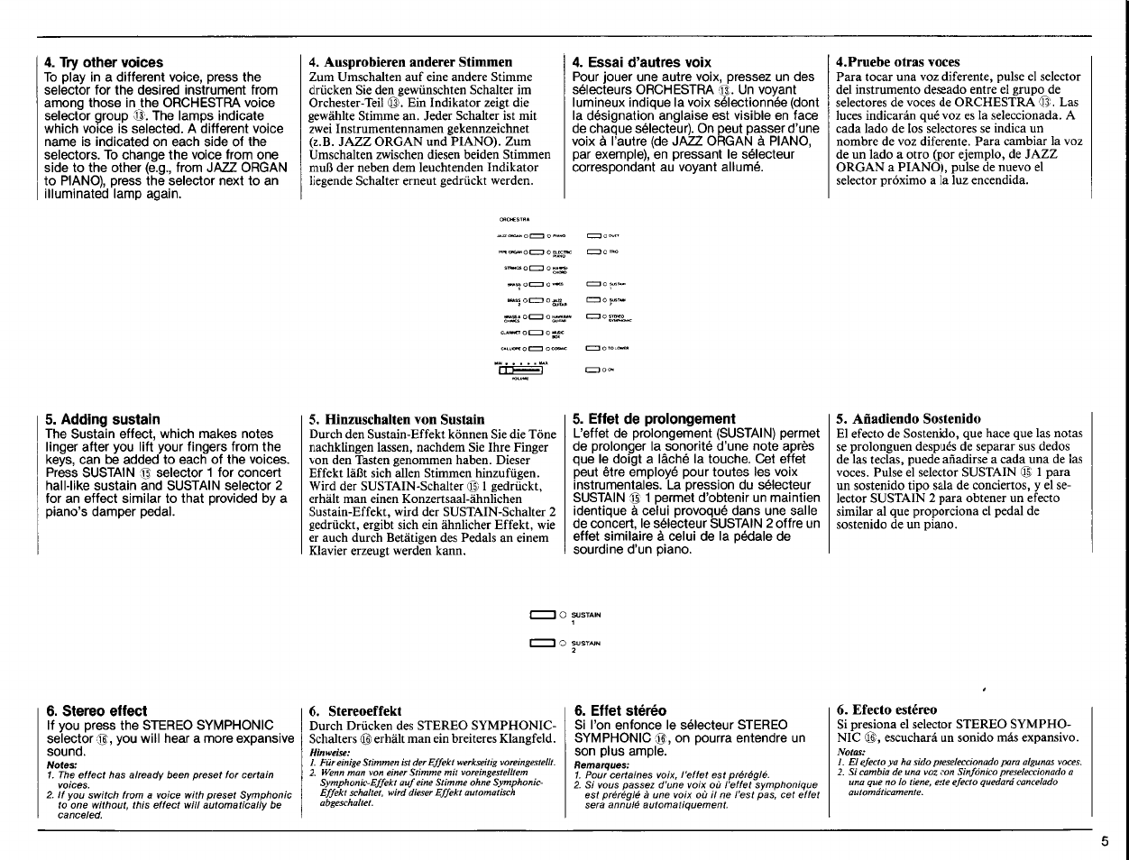 Try other voices, Ausprobieren anderer stimmen, Essai d’autres voix | Pruebe otras voces, Adding sustain, 5* hinzuschalten von sustain, Effet de prolongement, Añadiendo sostenido, Stereo effect, Stereoeffekt | Yamaha PSR-70 User Manual | Page 7 / 36