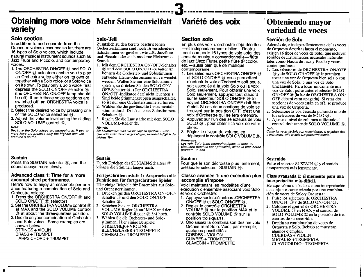 Obtaining more voice variety, Sustain, Mehr stimmenvielfalt | Solo-teil, Fortgeschrittenenstufe 1: anspruchsvolle, Funktionen für fortgeschrittene spieler, Variété des voix, Soutien, Obteniendo mayor variedad de voces, Sección de solo | Yamaha PSR-70 User Manual | Page 8 / 36
