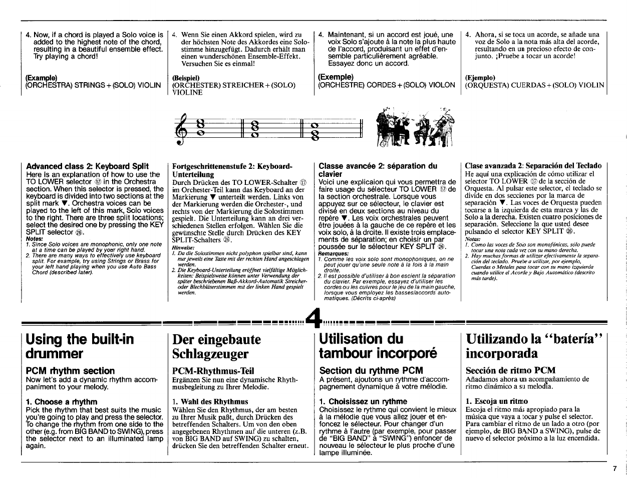 Exemple), Advanced class 2: keyboard split, Fortgeschrittenenstufe 2: keyboard- unterteilung | Classe avancée 2: séparation du clavier, Clase avanzada 2; separación del teclado, Using the built-in drummer, Choose a rhythm, Der eingebaute schlagzeuger, Pcm-rhythmus-teil, Wahl des rhythmus | Yamaha PSR-70 User Manual | Page 9 / 36