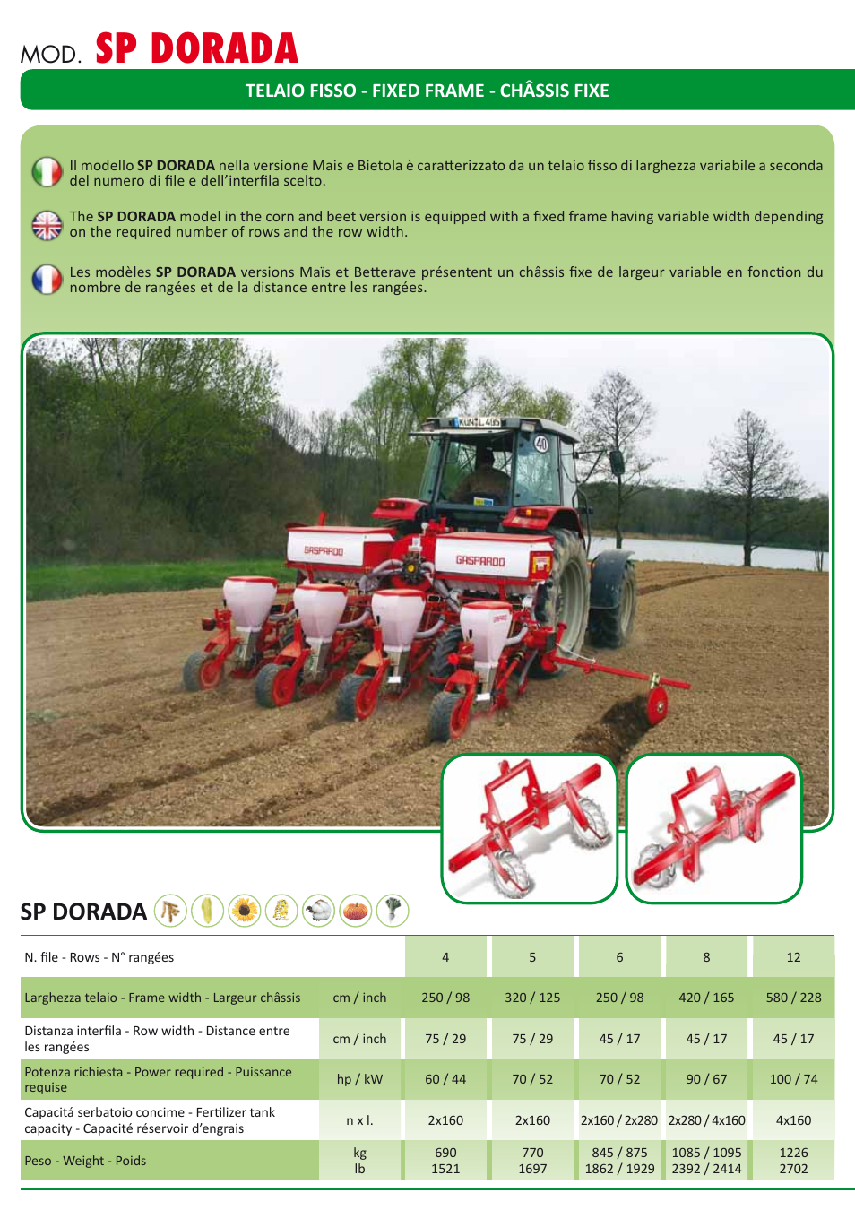 Sp dorada, Telaio fisso - fixed frame - châssis fixe | Maschio Gaspardo SARA User Manual | Page 10 / 16