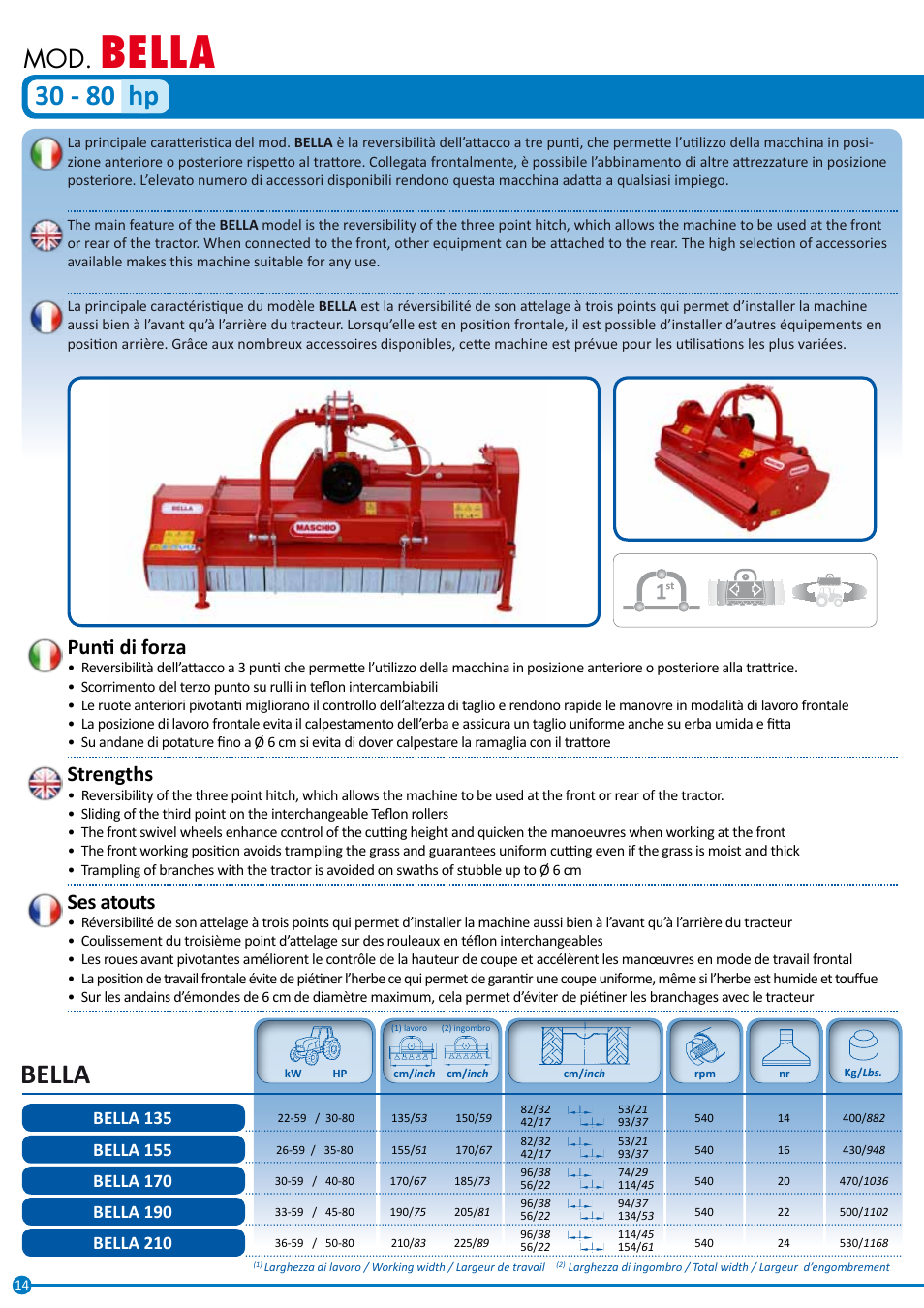 Bella, 30 - 80 hp, Punti di forza | Strengths, Ses atouts | Maschio Gaspardo LEOPARD User Manual | Page 14 / 32